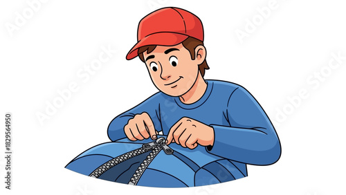 Man fixing a zipper on a bag with focused attention, wearing a red cap and blue sweater