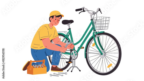Man repairs a bicycle at home with toolbox and wrenches