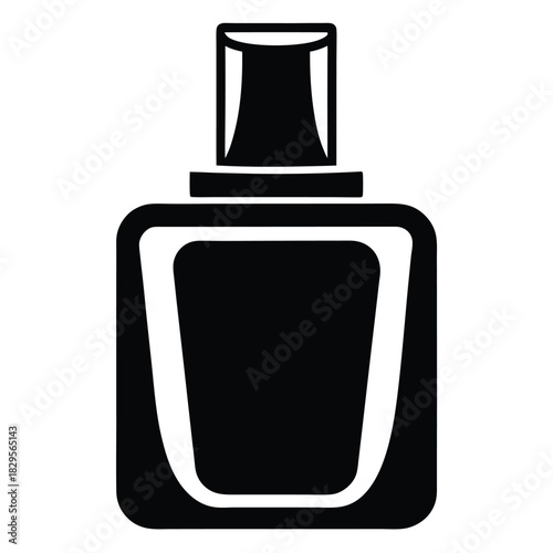 A minimalistic black silhouette of a perfume bottle features clean lines and bold simplicity
