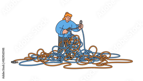 Conceptual artwork of a person solving a complex problem by untangling a giant messy knot of wires