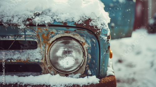 Vintage blue car covered in snow during winter season  