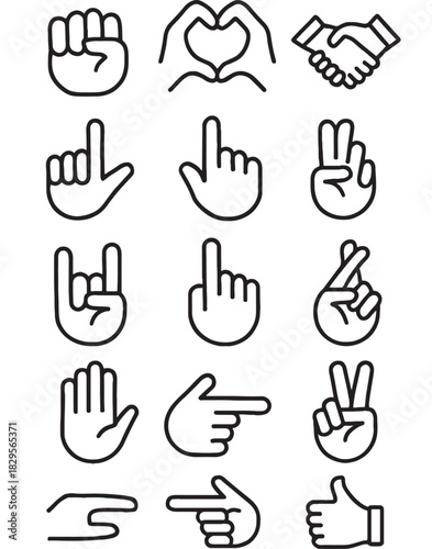 a collection of various hand gesture icons in a linear style depicting different symbols and interactions on transparent background silhouette high quality professional detailed modern elegant