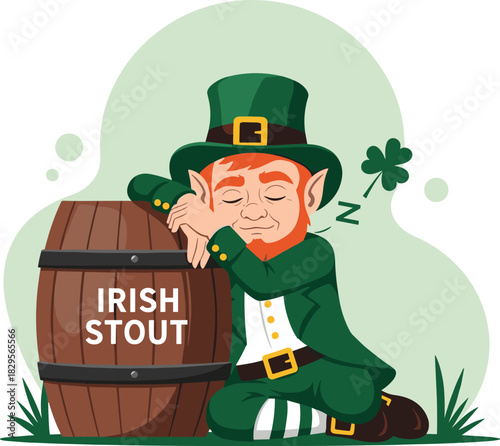 Tired leprechaun napping on a barrel of irish stout after a long celebration