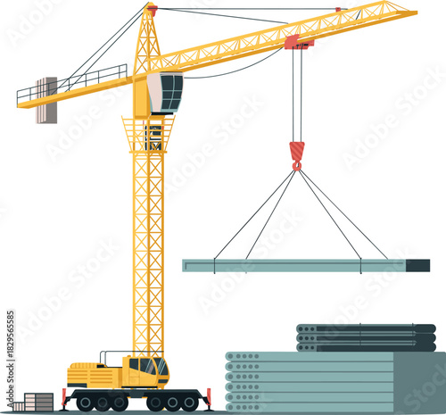 Towering yellow construction crane lifts steel beams at a busy industrial building site