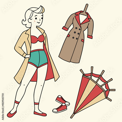 Retro cartoon paper doll woman with trench coat, umbrella, and sneakers.