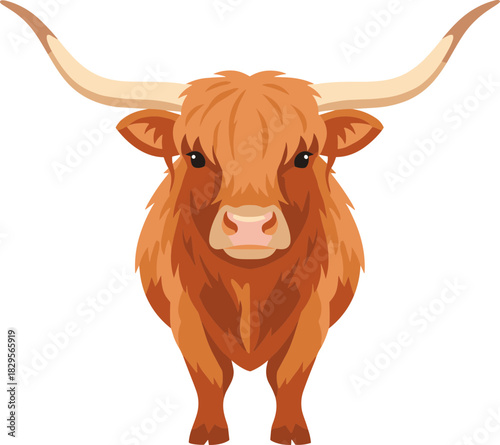 Simple Cartoon Illustration of a Brown Highland Cattle with Long Horns