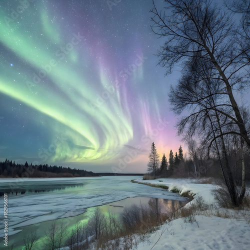A painting of the Northern Lights over a frozen lake, capturing shimmering auroras,