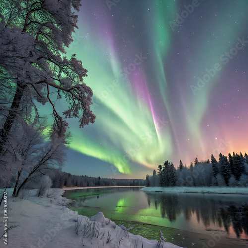A painting of the Northern Lights over a frozen lake, capturing shimmering auroras,