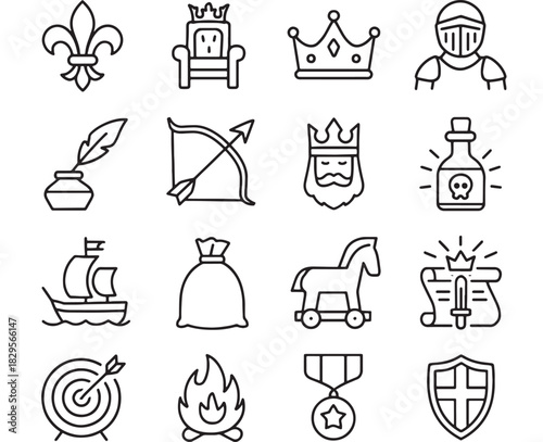 a collection of royal and medieval themed line icons including a crown throne ship and weapons on transparent background silhouette high quality professional detailed modern elegant