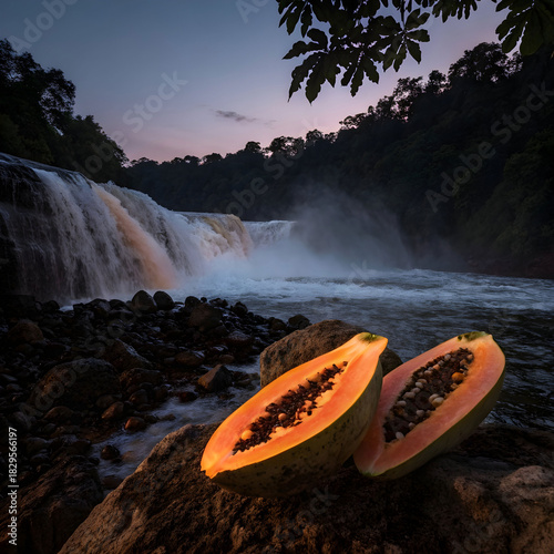 A papaya-shaped waterfall glowing in twilight.
