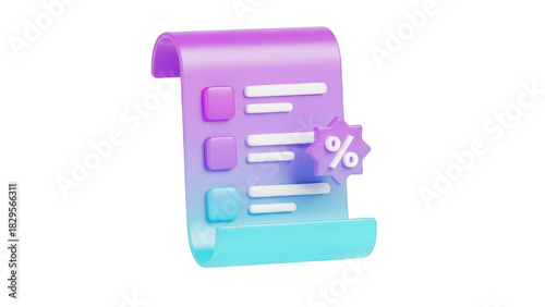 3d rendering of a stylized paper scroll or receipt with checkboxes and a purple discount percentage symbol, isolated on transparent background