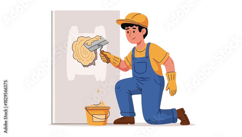 Plastering worker fixing wall with mortar for home repair, construction