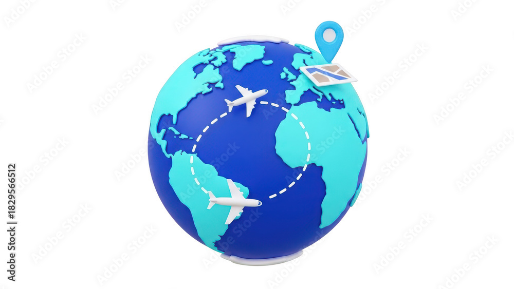 Fototapeta premium 3d rendering of a blue globe with airplane travel route and location pin, isolated on transparent background