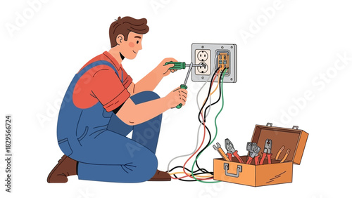 Electrician Repairing Electrical Outlet with Tools for Home Improvement and Maintenance Illustration