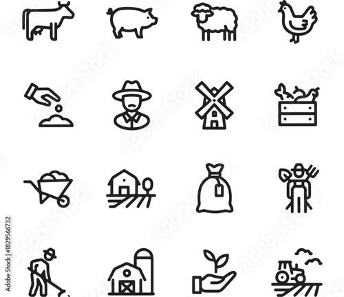 a collection of linear farm animal and agricultural icons including a cow pig sheep chicken farmer windmill and crops on transparent background silhouette high quality professional