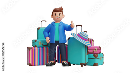 Cheerful 3d character giving thumbs up standing next to a large stack of colorful travel suitcase luggage isolated on transparent background