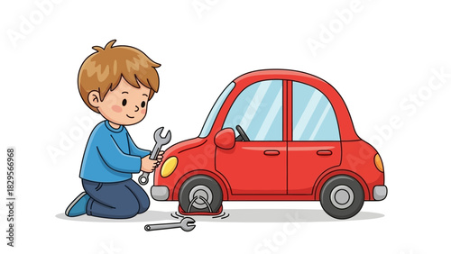 A young boy fixing a red car tire on a white background, using a wrench to repair it