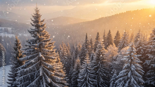 Top view of realistic winter forest with snow-covered pine trees, warm golden hour light, gentle falling snow