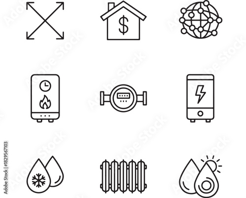 a collection of nine simple linear icons depicting various household utilities and symbols on transparent background silhouette high quality professional detailed modern elegant stylish clean crisp