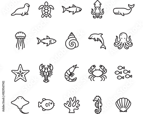 a collection of marine life icons including a seal turtle fish squid whale jellyfish dolphin and octopus silhouette on transparent background high quality professional detailed modern
