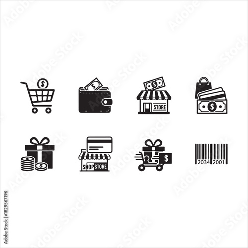 Shopping Icons Silhouette | Cart, Trolley, Wallet, Card, Store, Money, Gift, Delivery & Barcode Vector Set