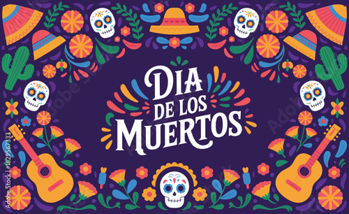 Mexican Dia de Los Muertos banner with calavera skulls, sombrero, guitar, maracas, candles, flowers, and birds vector illustration