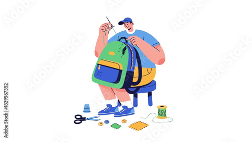 Repair and Upcycle Man mending backpack with needle, thread, and scissors, showcasing sustainable fashion