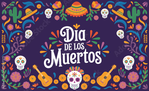 Mexican Dia de Los Muertos Holiday Banner, Calavera Skulls Sombrero Vector Ornament