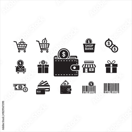 Shopping Icons Silhouette | Cart, Trolley, Wallet, Card, Store, Money, Gift, Delivery & Barcode Vector Set