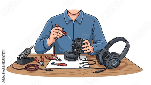 Person repairing headphones with tools on a desk, illustrating audio equipment maintenance and DIY technology