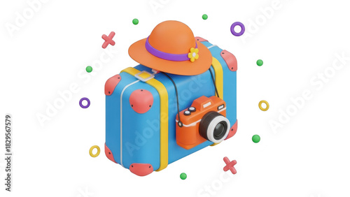 Cute 3d illustration of a bright blue suitcase with an orange sun hat and camera, ready for vacation travel, isolated on transparent background