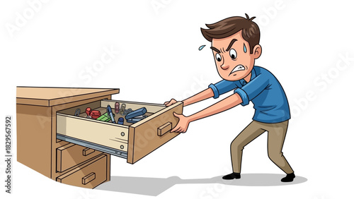 Frustrated man struggles with great effort to pull open a hopelessly cluttered and jammed junk drawer