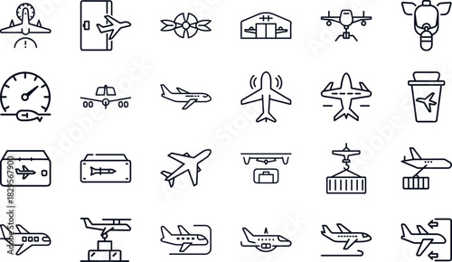 Aviation and Airplane Line Icons Set – Flight Travel Symbols, Airport Elements, Aircraft Outline Collection, Airline Transport and Navigation Vector Pack