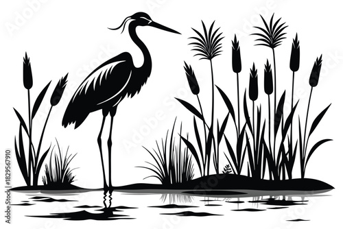 Graceful heron stands serenely amid tranquil cattails and wetland reeds, reflected in gentle waters