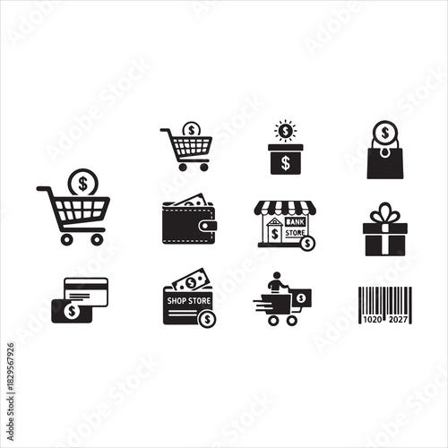 Shopping Icons Silhouette | Cart, Trolley, Wallet, Card, Store, Money, Gift, Delivery & Barcode Vector Set
