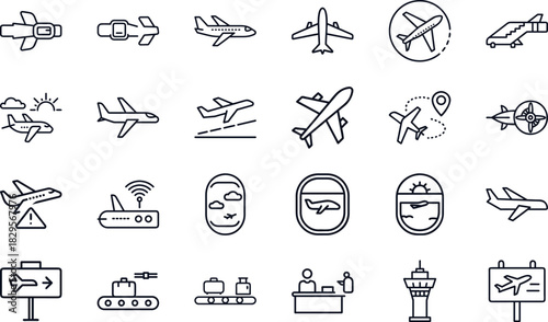 Aviation and Airplane Line Icons Set – Flight Travel Symbols, Airport Elements, Aircraft Outline Collection, Airline Transport and Navigation Vector Pack