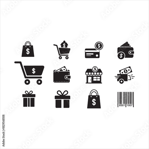 Shopping Icons Silhouette | Cart, Trolley, Wallet, Card, Store, Money, Gift, Delivery & Barcode Vector Set