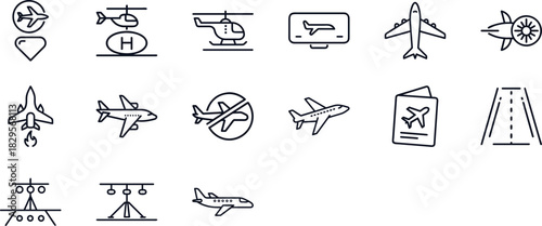 Aviation and Airplane Line Icons Set – Flight Travel Symbols, Airport Elements, Aircraft Outline Collection, Airline Transport and Navigation Vector Pack