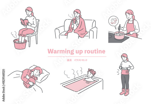 冷え性対策・温活ルーティンセット。自宅で体温を上げる女性のイラスト