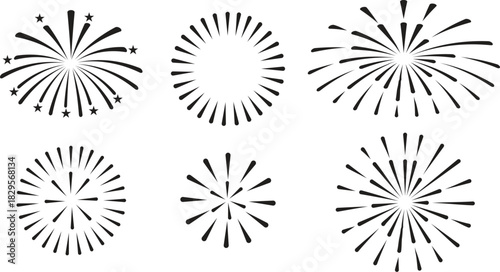 Collection of six stylized black and white fireworks burst illustrations on a white background