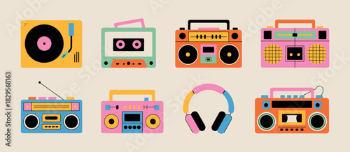 Retro Music Devices Collection, Colorful Illustration Set, Vintage Audio Equipments