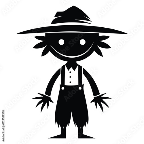 Scarecrow with straw hair wears a hat and overalls while smiling innocently