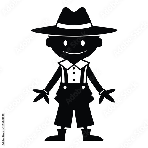 Silhouette of a smiling cartoon farmer boy wearing a hat and overalls stands forward