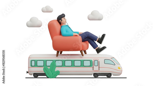 Relaxed man sitting comfortably in an armchair on top of a moving train, enjoying travel and leisure time isolated on transparent background