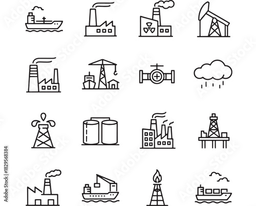 an assortment of industrial icons including factories oil rigs ships and power plants depicted in a simple line art style on transparent background silhouette high quality