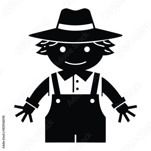 Isolated monochrome cartoon farmhand character with hat and overalls stands cheerfully ready to work