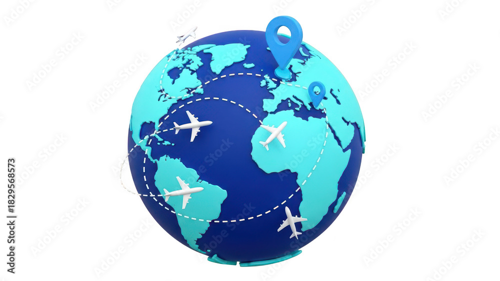 Obraz premium 3d rendering of a blue globe showing international air travel routes with airplane icons and location pins, isolated on transparent background