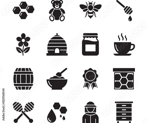 a collection of black silhouette icons depicting bees honeycombs a teddy bear and related elements on transparent background high quality professional detailed modern elegant stylish clean