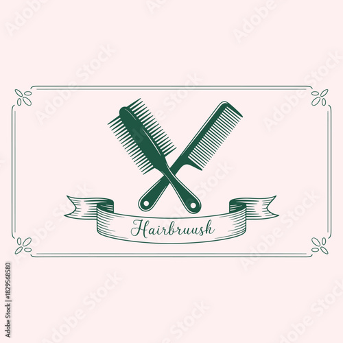 Two dark green combs crossed over each other on a light pink background with decorative border and ribbon