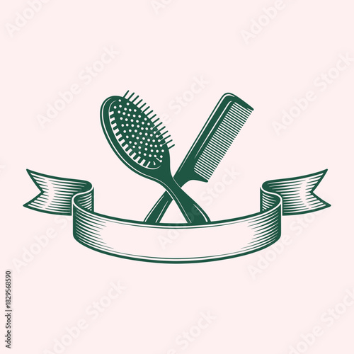 Green hairbrush and comb crossed over a blank ribbon banner on a light pink background grooming hair care